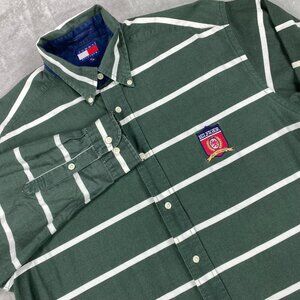VTG 90s Tommy Hilfiger Shirt Mens Medium Green Striped Embroidered Button Down